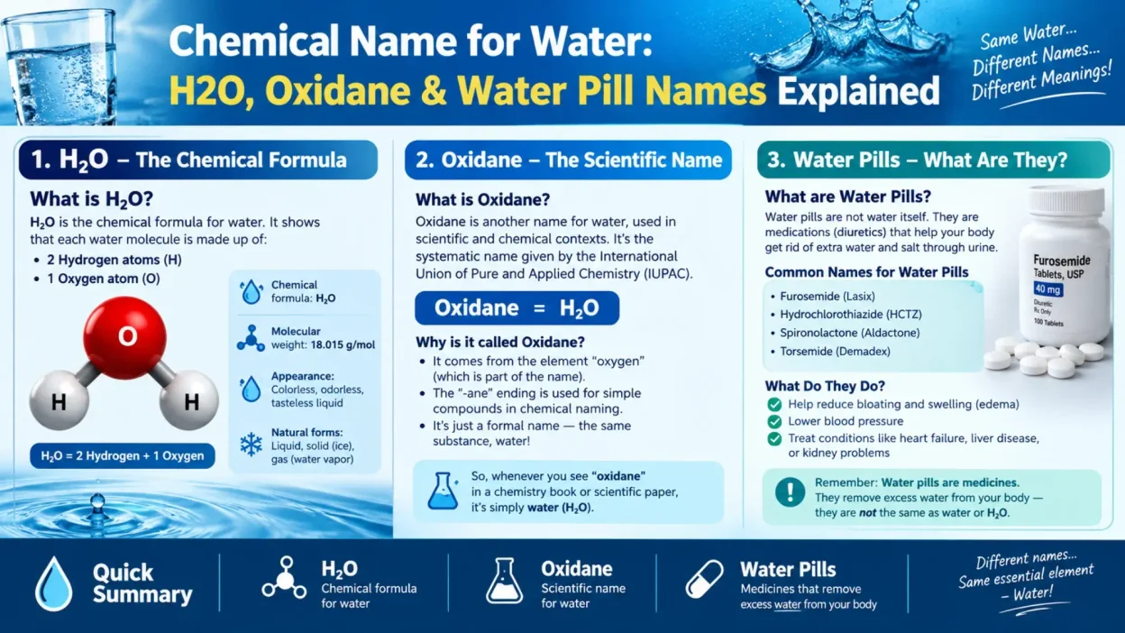 Chemical Name for Water H2O, Oxidane & Water Pill Names Explained